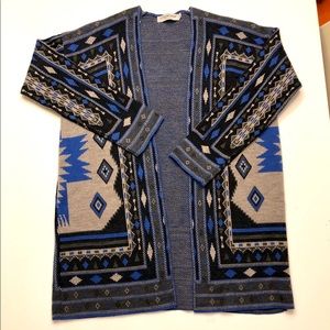Blue, black, and gray, Aztec-inspired, sweater.